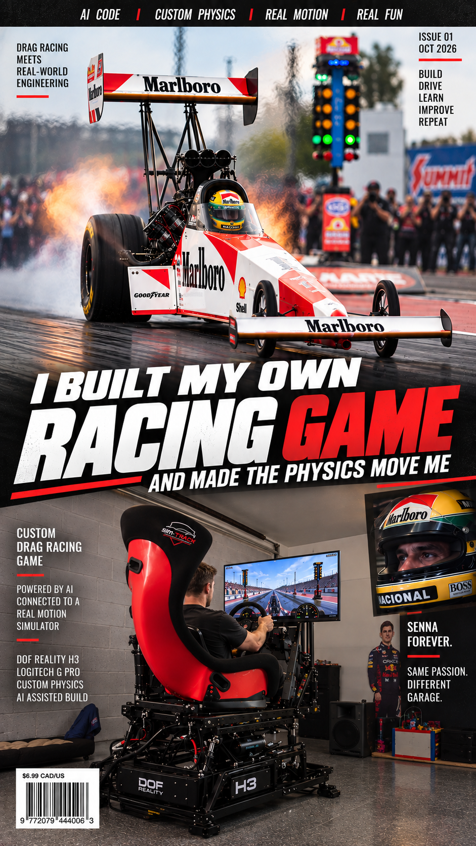 I BUILT MY OWN RACING GAME — a red-and-white dragster above a racing simulator